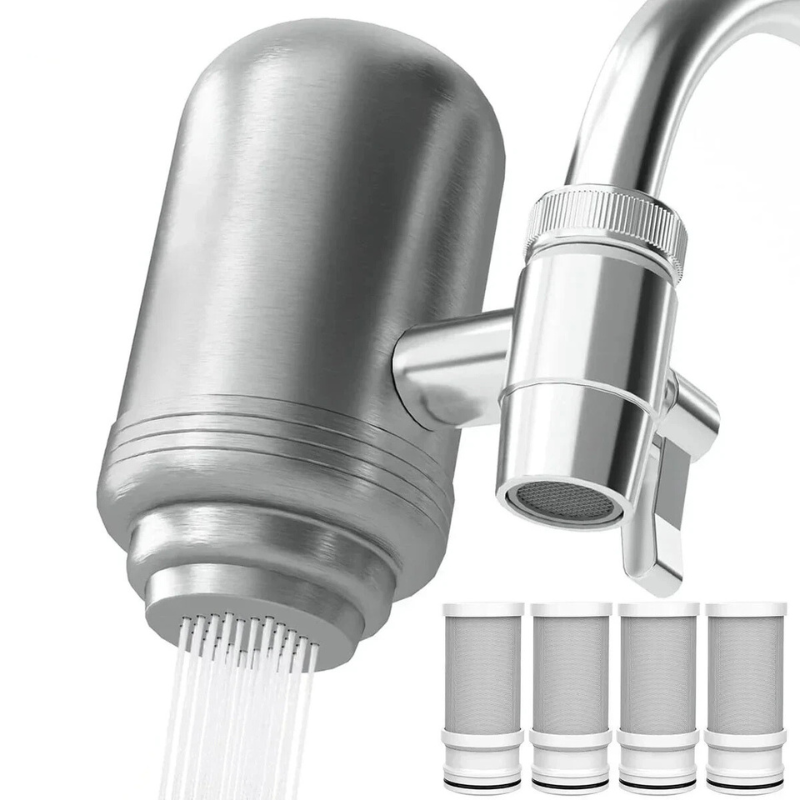 "Filtro Potente NSF per rubinetto, design in acciaio inox, acqua pulita, elimina impurità, adatto per cucina e bagno."
