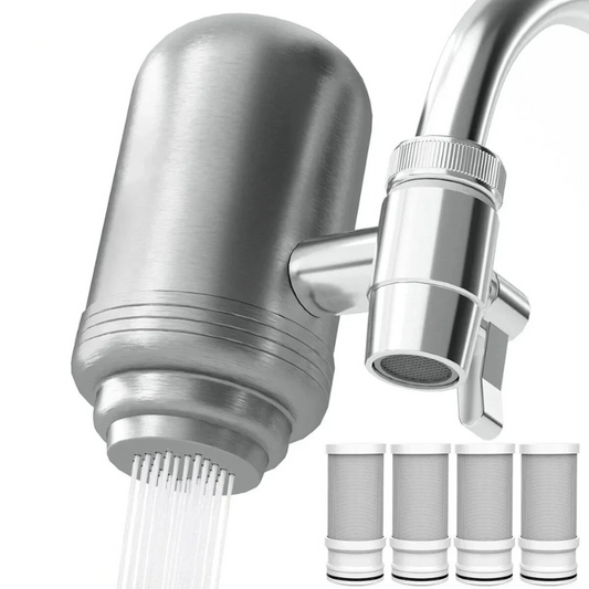 "Filtro Potente NSF per rubinetto, design in acciaio inox, acqua pulita, elimina impurità, adatto per cucina e bagno."