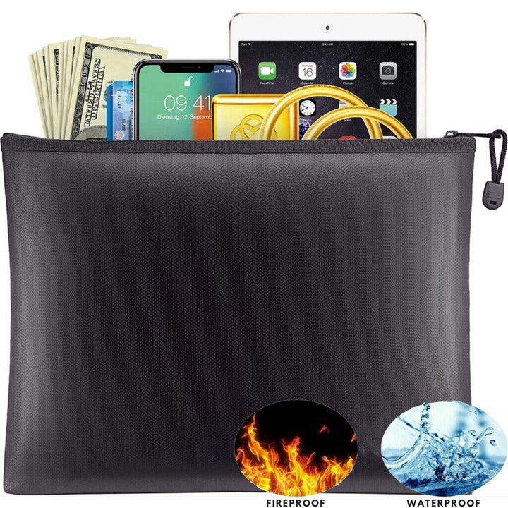 Fireproof & water-resistant document safe bag, black, securing valuables & important papers