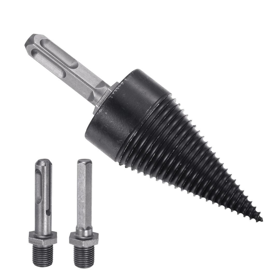 Firewood drill bit splitting a log, showcasing efficient wood splitting for fire pits