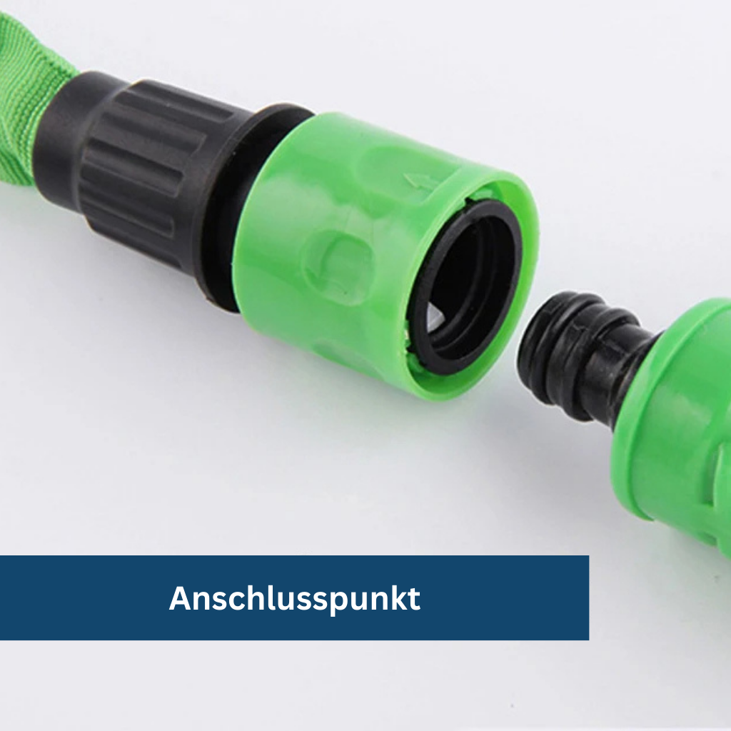 Flexible garden hose expanding in length as water flows through it, highlighting its versatile design for watering.