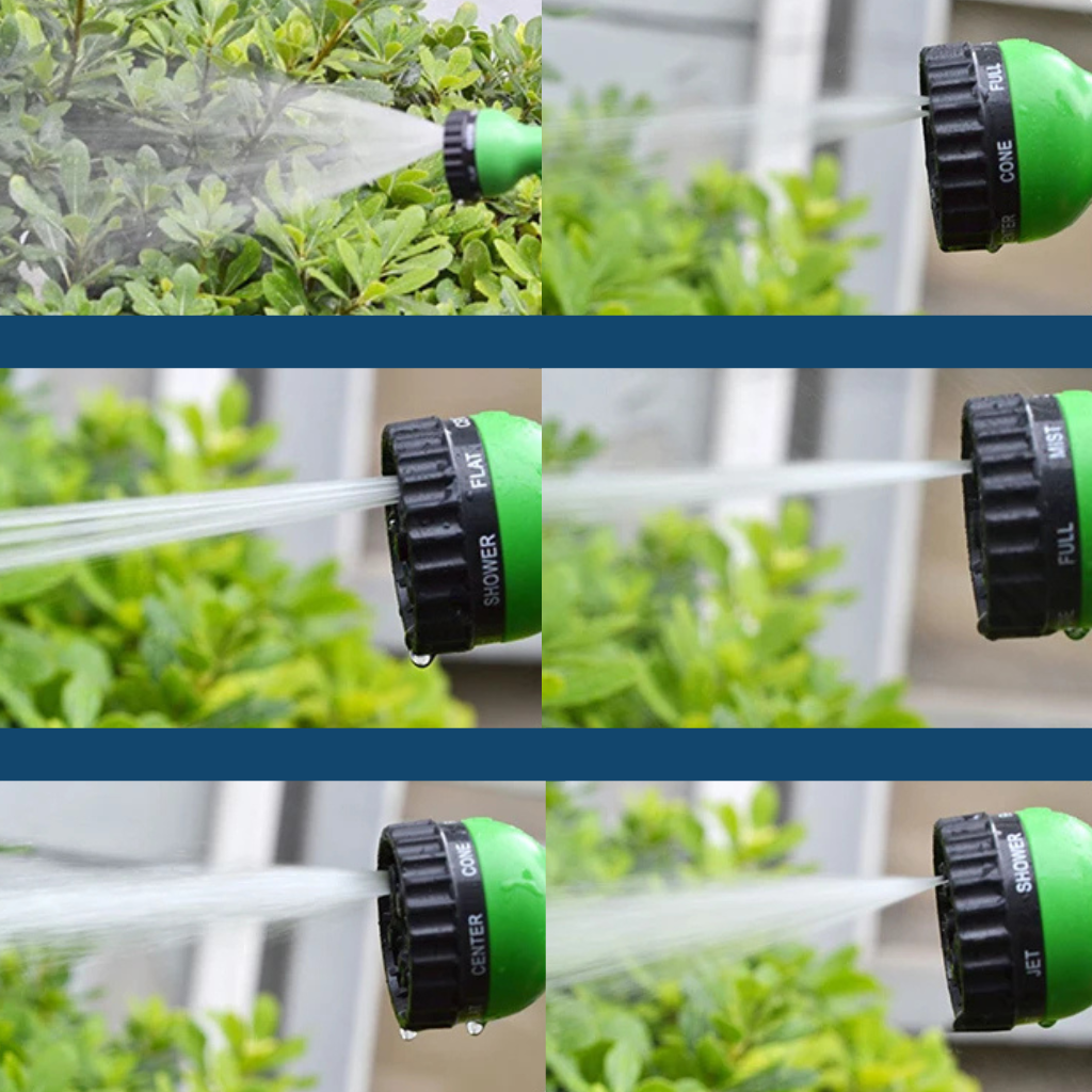 Garden Hose Flexy connected to an outdoor spigot, ready for efficient and flexible lawn and garden watering.