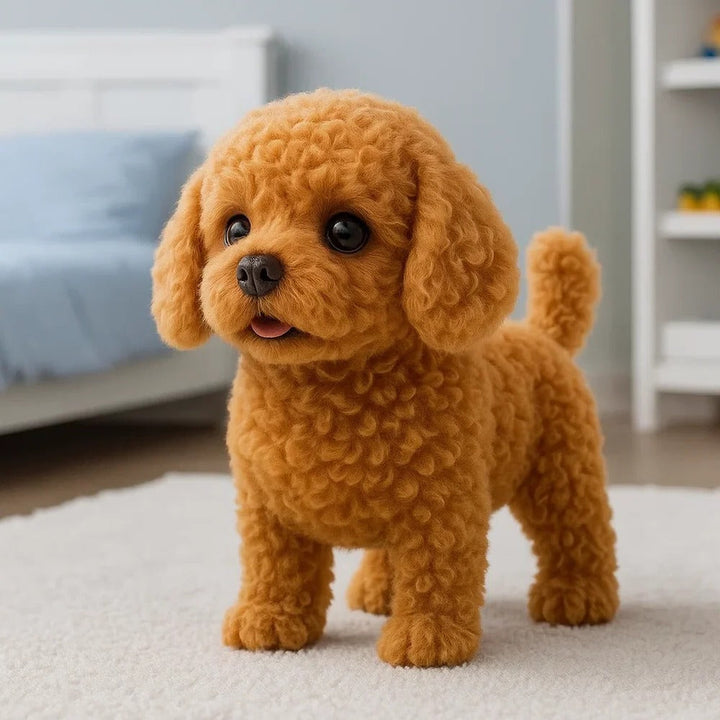 Soft interactive plush toy dog, offers comfort & companionship for adults & kids with realistic sounds.