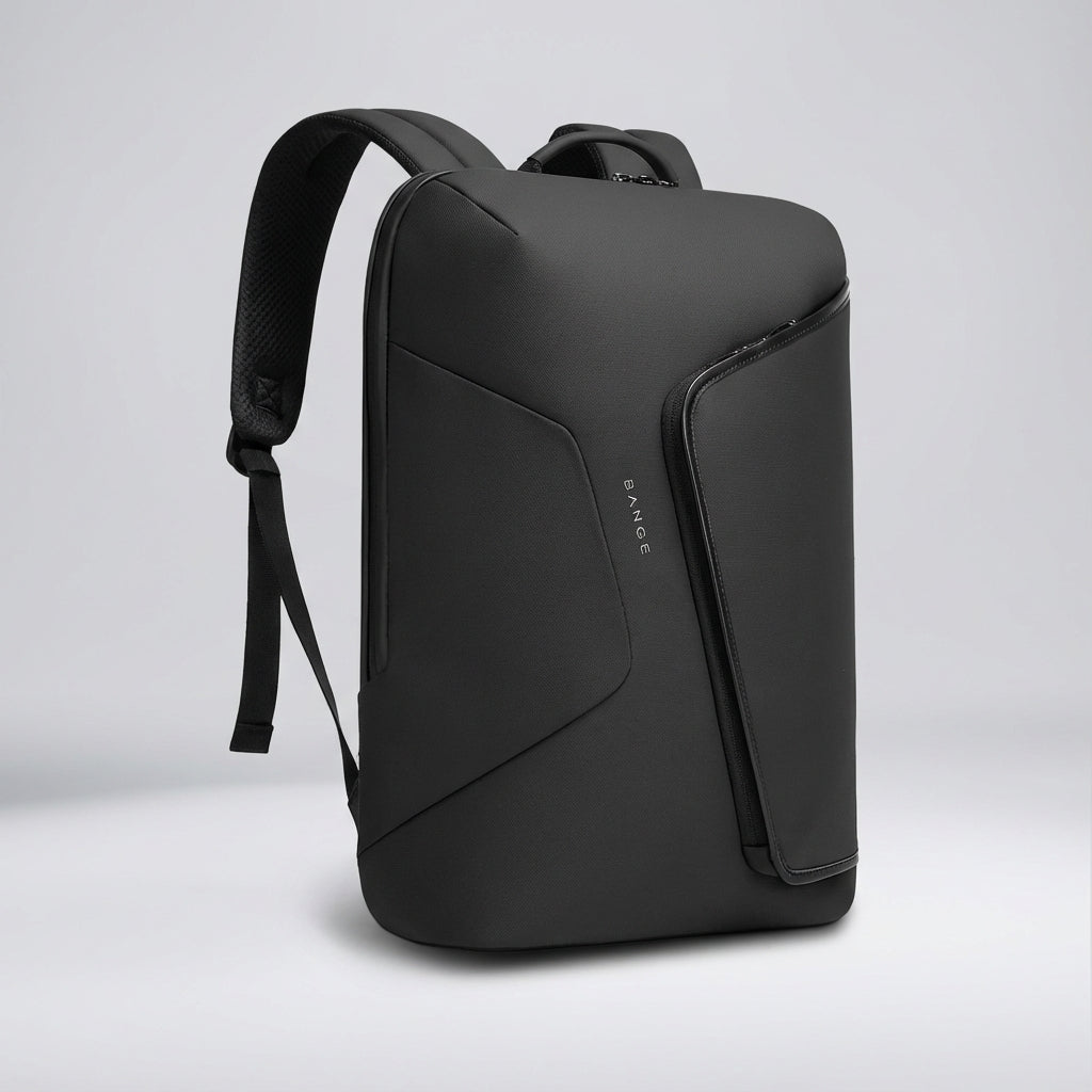 Close-up of FluxPack waterproof business backpack's durable, water-resistant material & sleek zippers.