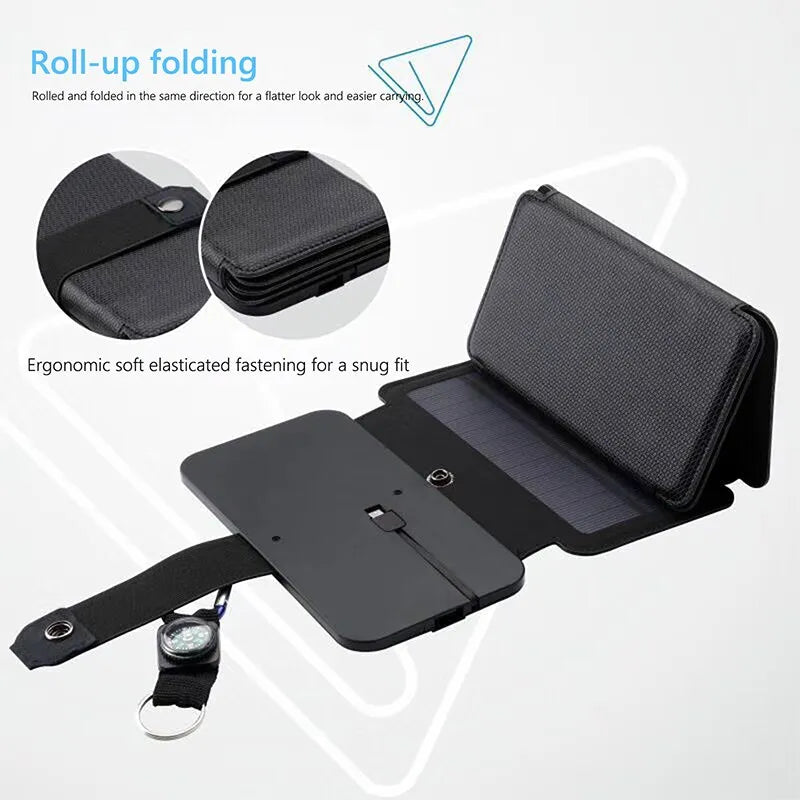 Camping gear: Foldable 28W USB solar panel for charging phones and devices outdoors.