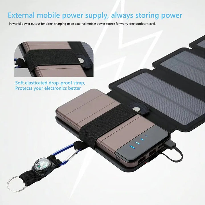 Outdoor tech: Compact 28W USB solar charger, perfect for travel essentials.
