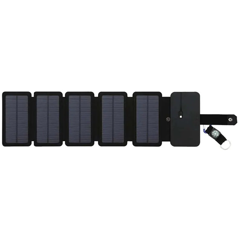 28W foldable solar panel charger with multiple USB ports, shown charging a smartphone.