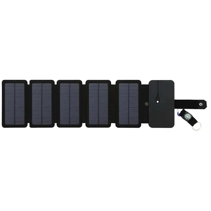 28W foldable solar panel charger with multiple USB ports, shown charging a smartphone.