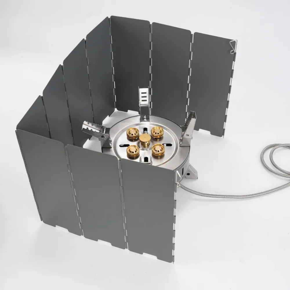Gas camping stove, showcasing its efficient burner and stable base for cooking pots.