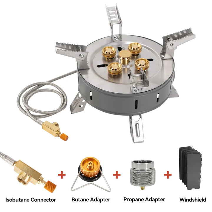 Outdoor cooking stove, demonstrating its powerful flame for various cookware.