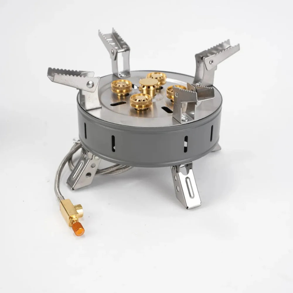 Outdoor cooking gas stove, demonstrating its high heat output, crucial for quick meals.
