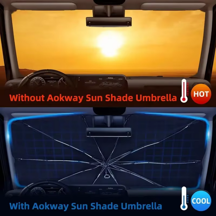 Portable car sunshade umbrella with UV protection for windshield, reduces auto interior heat in summer.