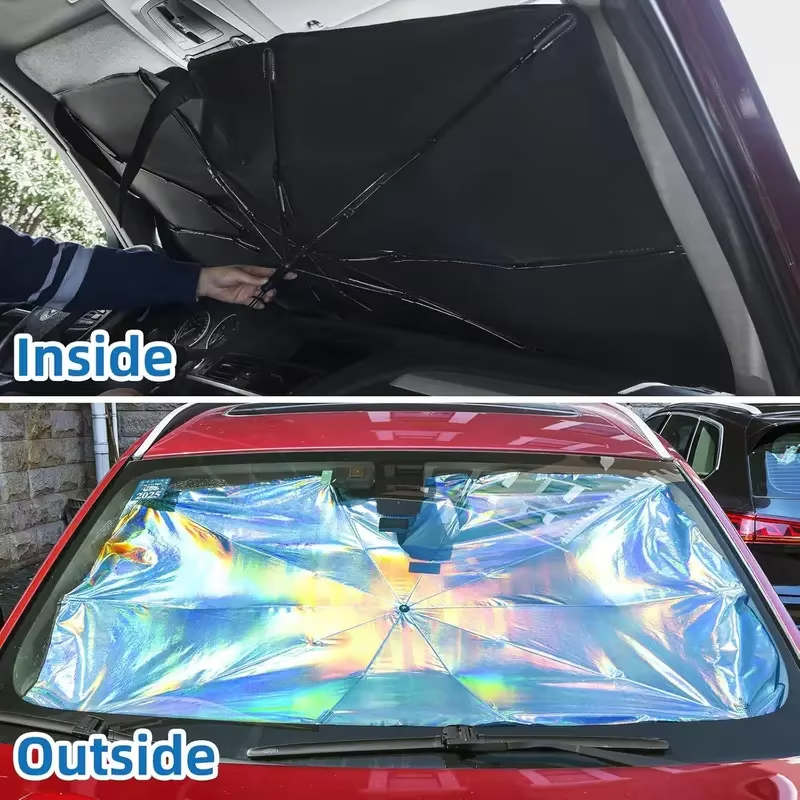 Umbrella-style car windshield cover offers maximum UV protection & keeps vehicle interior cool and safe.