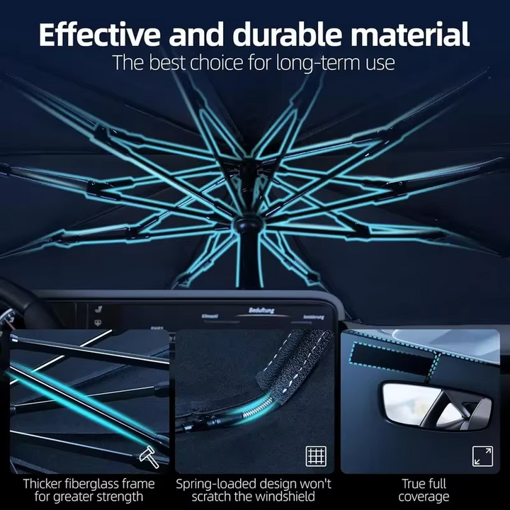 Easy-to-use foldable car sunshade umbrella for windshield, blocks UV rays & protects car interior from sun.