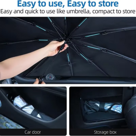 Premium car sunshade umbrella, foldable design for windshield UV protection & heat reduction in any vehicle.
