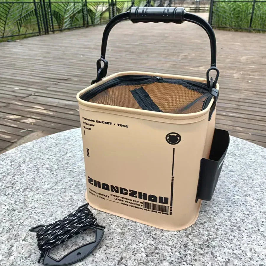 Foldable EVA fishing bucket with strainer, portable for bait, camping, or gardening use.