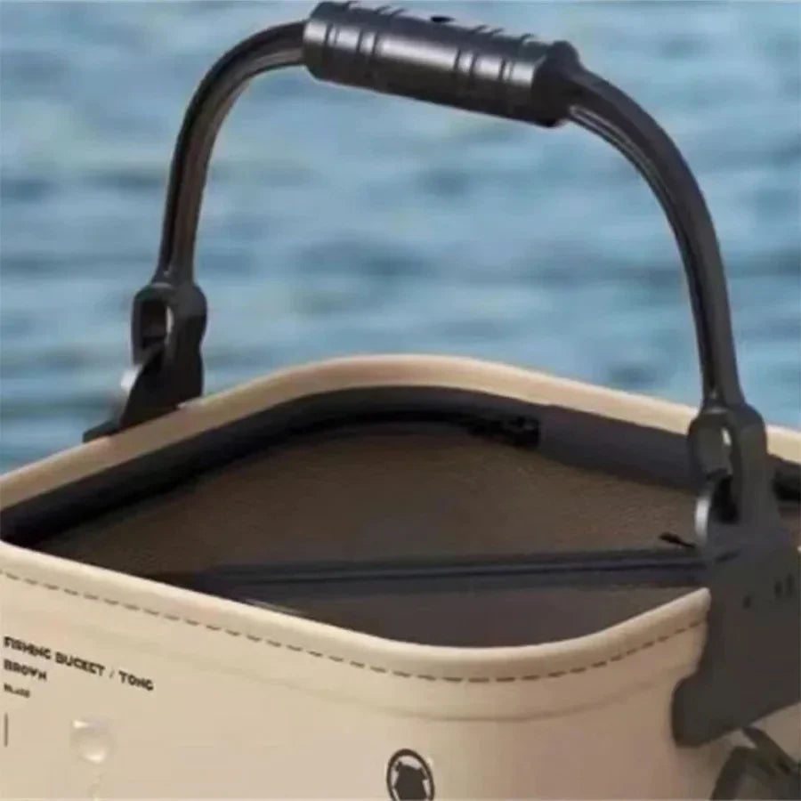 Unisex collapsible fishing bucket, waterproof EVA with a sieve for easy bait handling.