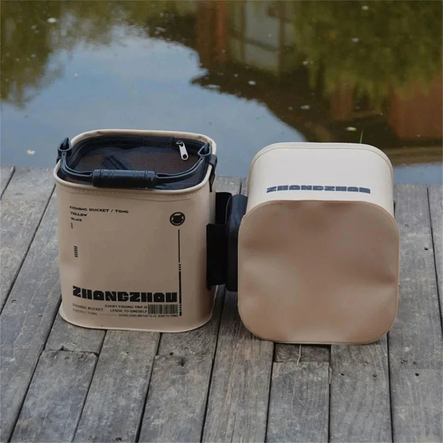 Portable outdoor gear: foldable fishing bucket with an integrated strainer for fishing and storage.