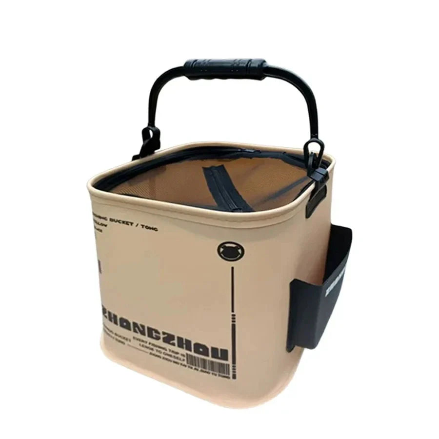 Blue EVA foldable fishing bucket with white strainer, ideal for carrying live bait or water.