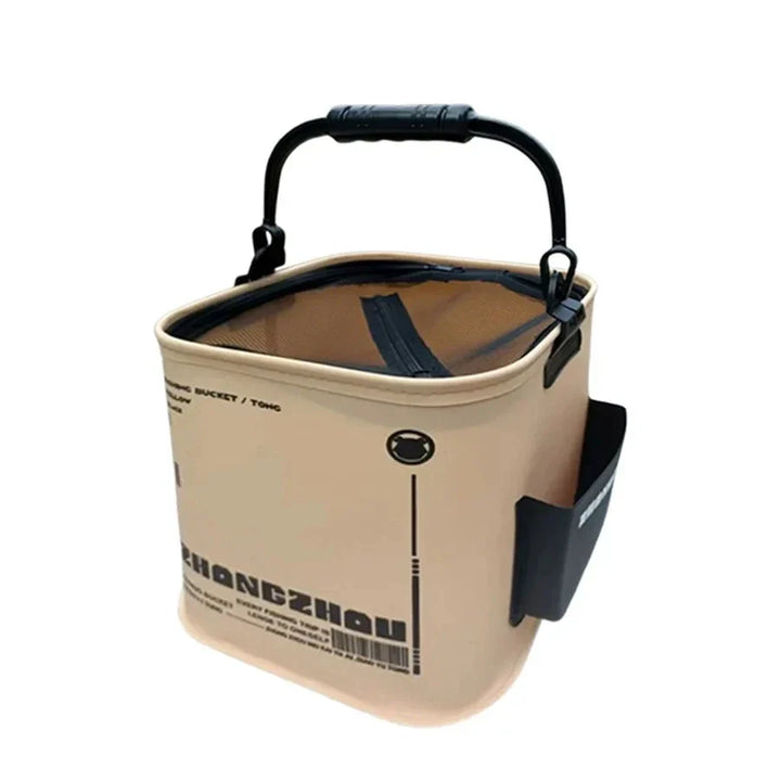 Blue EVA foldable fishing bucket with white strainer, ideal for carrying live bait or water.