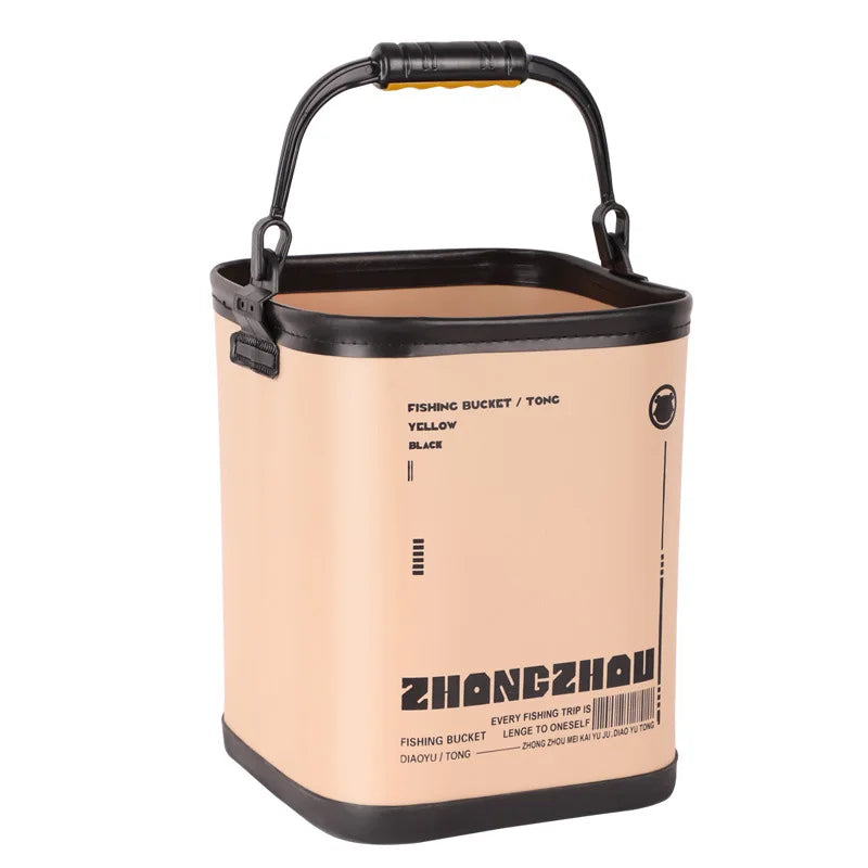Compact fishing bucket with strainer, made from durable EVA, perfect for fishing and outdoor activities.