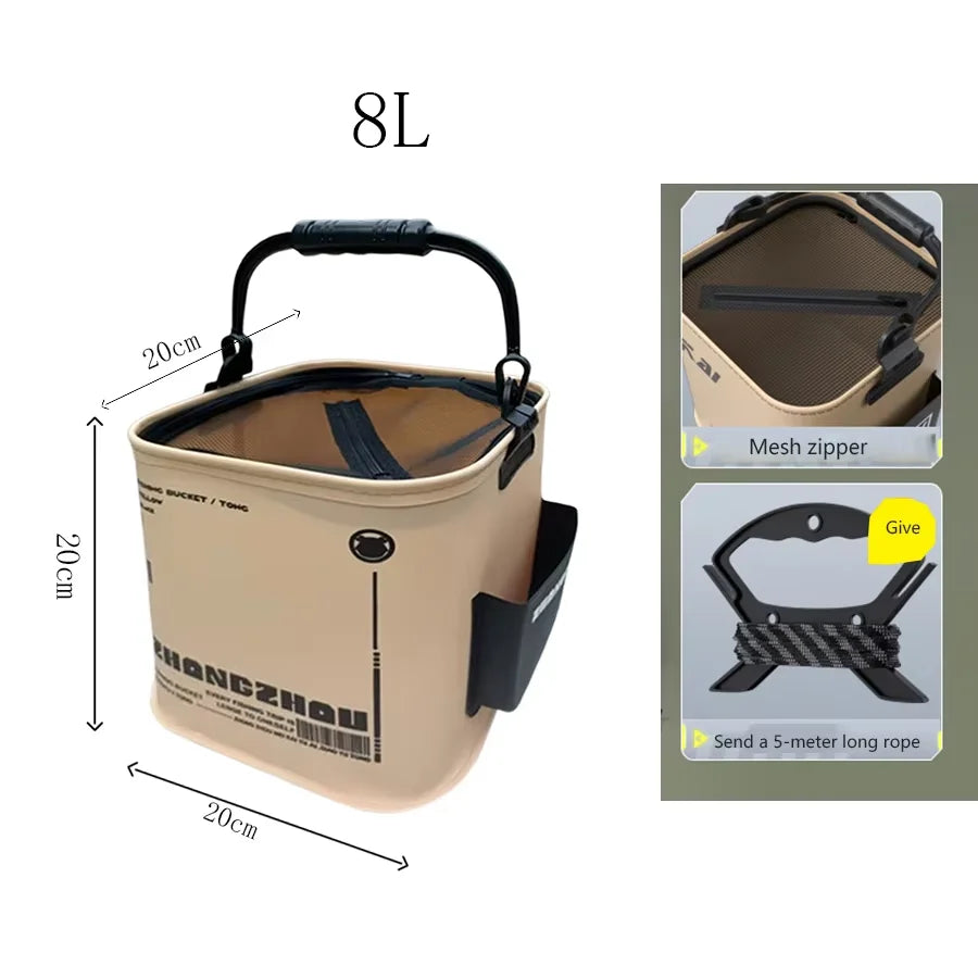 Fishing bucket: foldable and portable EVA container with a strainer, suitable for gardening and camping.