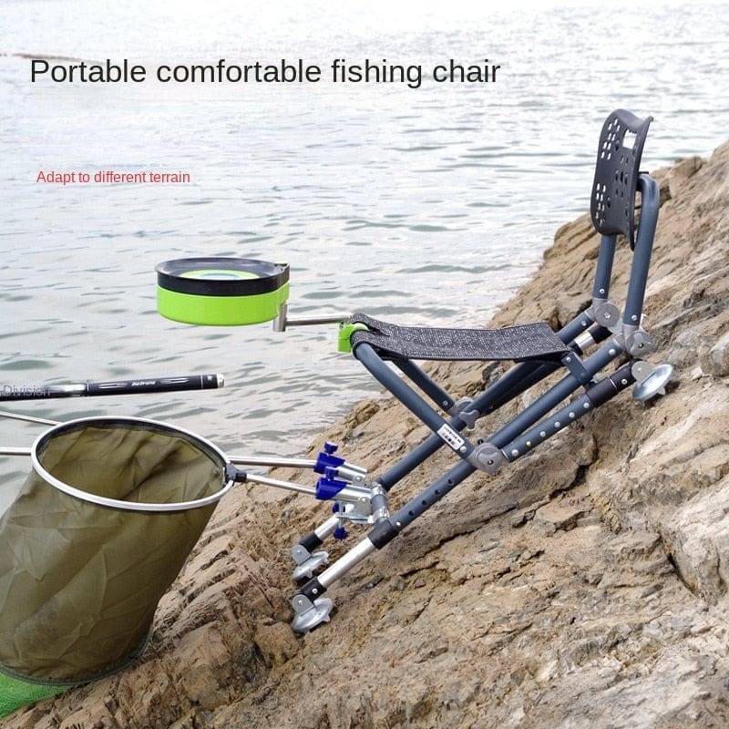 Foldable fishing recliner chair with adjustable backrest, perfect for comfortable angling sessions.