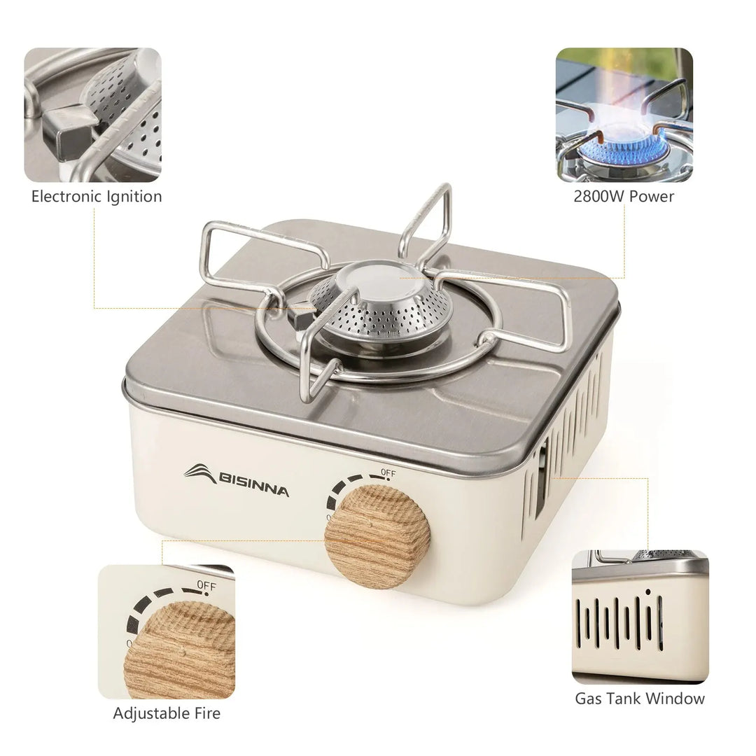 Unisex mini foldable camping stove, essential backpacking gear with adjustable flame, perfect for outdoor cooking.