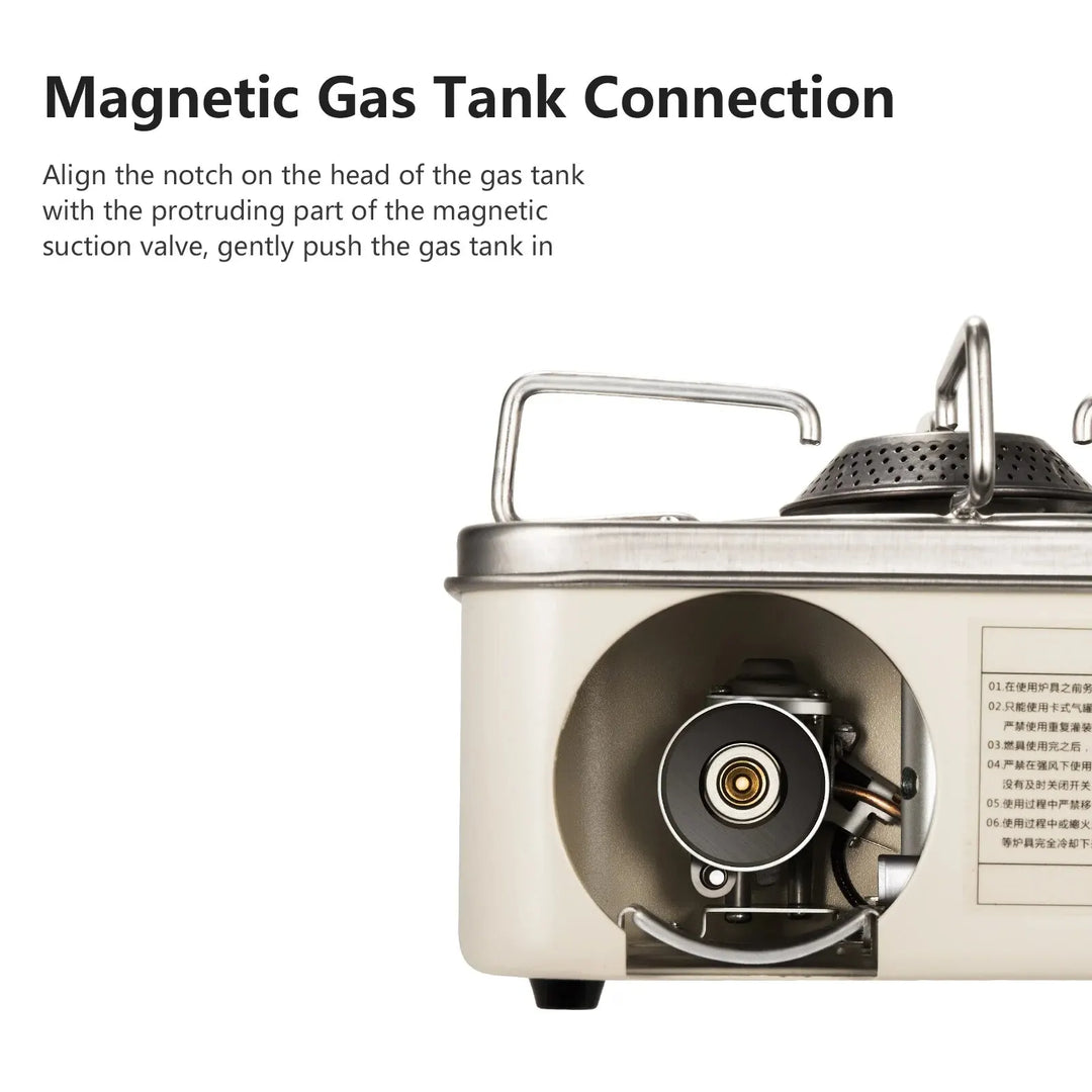 Portable gas stove, mini foldable design, ideal for camping, hiking, and survival, durable and efficient.