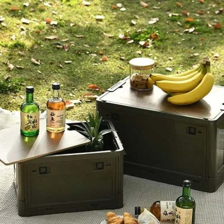 Compact camping gear organizer with a removable cutting board lid, great for small spaces