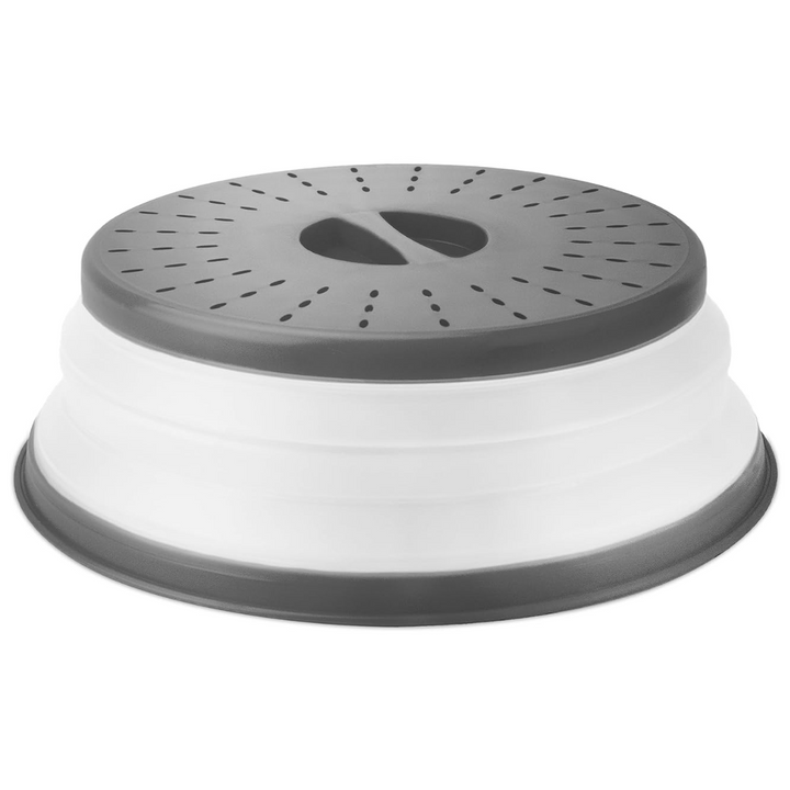 Foldable silicone microwave splatter lid for reheating, keeps food moist & oven clean. BPA-free kitchen accessory.