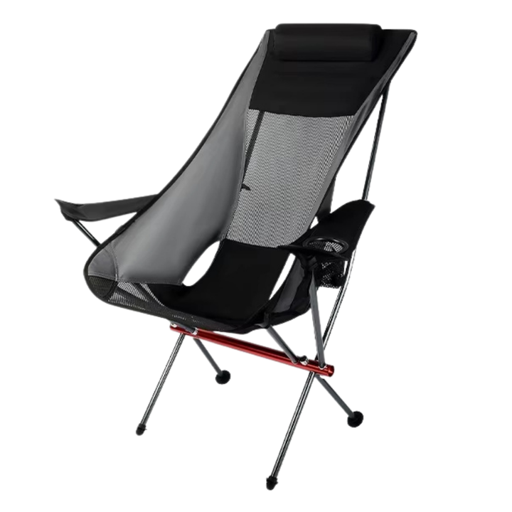 Foldable unisex camping chair in black with carry bag, ideal for outdoor seating and travel.