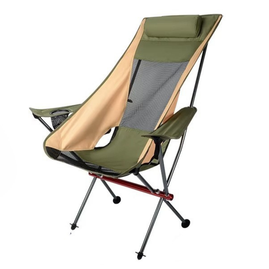 Unisex foldable outdoor chair, brown, with built-in cup holder and transport bag, hiking ready.