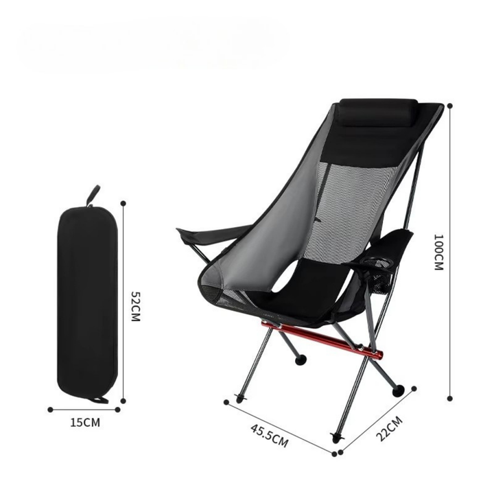 Accessible blue portable chair for camping, comes with a protective carry bag for storage.