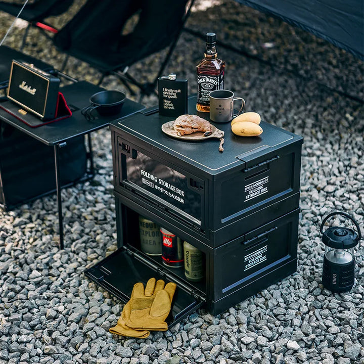 Wood-topped folding storage crate, ideal as a small portable table