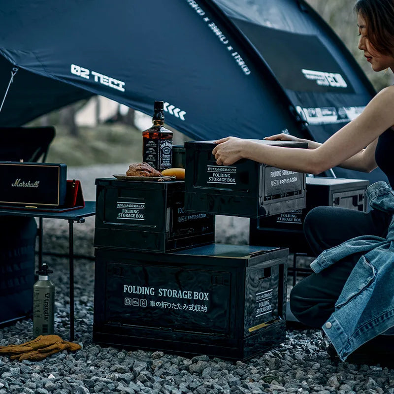 Camping organizer: folding crate with sturdy wooden lid, space-saving