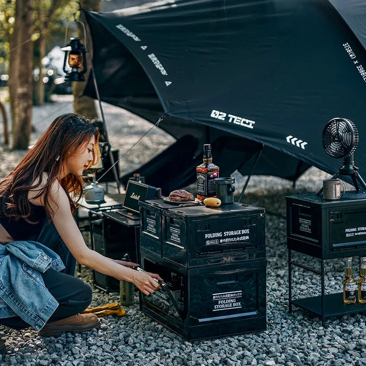 Compact folding storage crate and wood lid, essential camp gear storage