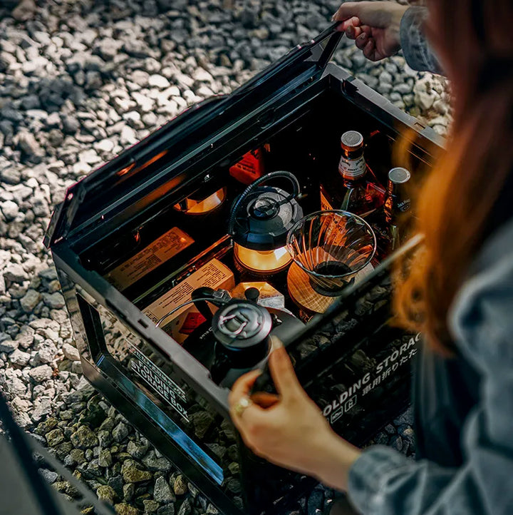 Durable folding storage box with wood lid, multi-purpose outdoor use