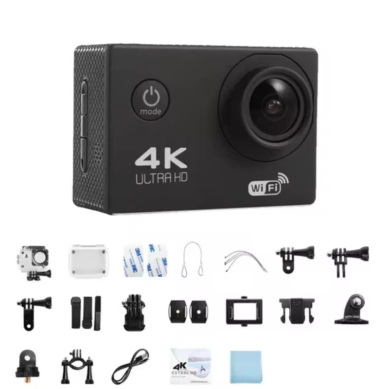 "Fotocamera sportiva 4K Ultra HD impermeabile, WiFi, obiettivo grandangolare, ideale per avventure all'aperto e immersioni."
