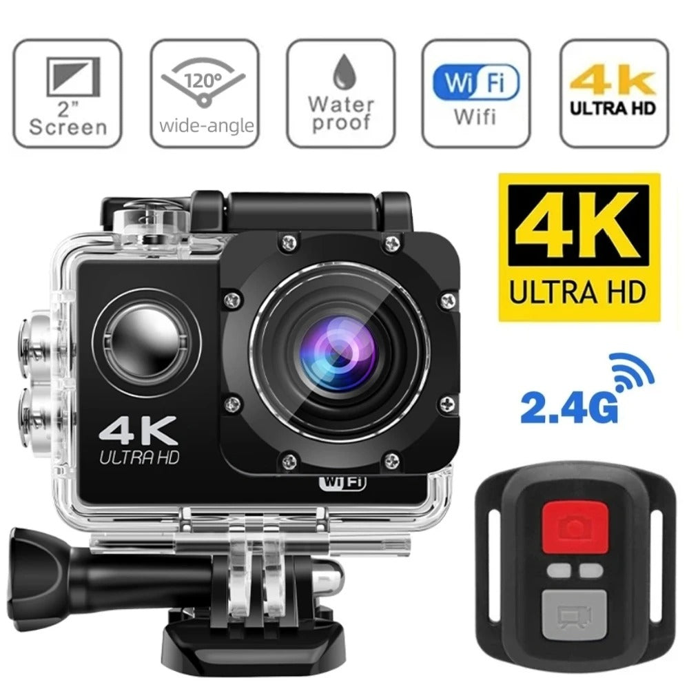 "Fotocamera sportiva 4K Ultra HD impermeabile, WiFi, obiettivo grandangolare, ideale per avventure all'aperto e immersioni."