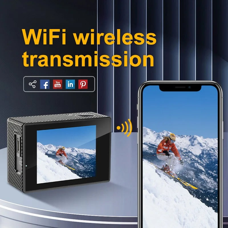 "Fotocamera sportiva 4K Ultra HD impermeabile, WiFi, obiettivo grandangolare, ideale per avventure all'aperto e immersioni."