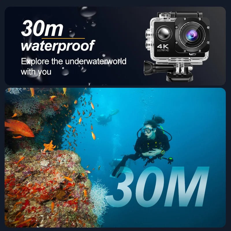 "Fotocamera sportiva 4K Ultra HD impermeabile, WiFi, obiettivo grandangolare, ideale per avventure all'aperto e immersioni."