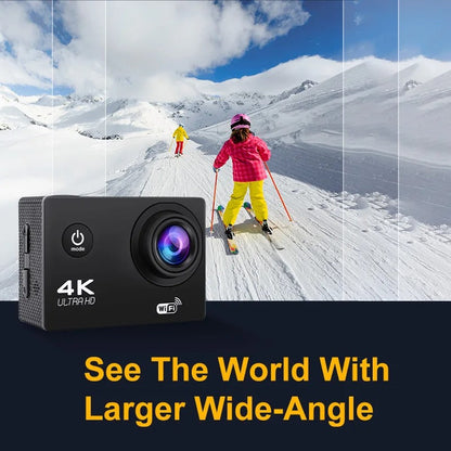 "Fotocamera sportiva 4K Ultra HD impermeabile, WiFi, obiettivo grandangolare, ideale per avventure all'aperto e immersioni."