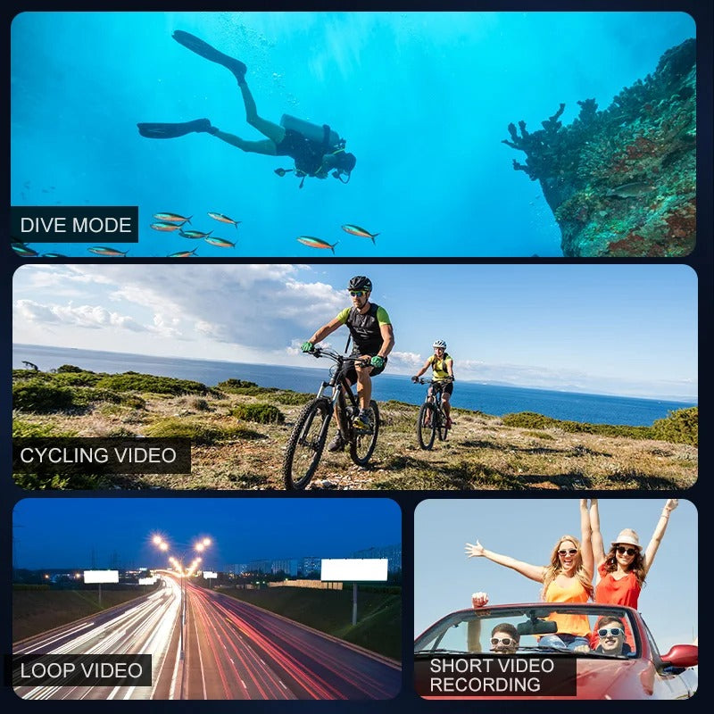 "Fotocamera sportiva 4K Ultra HD impermeabile, WiFi, obiettivo grandangolare, ideale per avventure all'aperto e immersioni."