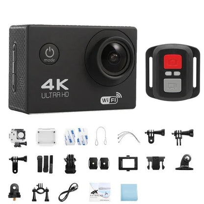 "Fotocamera sportiva 4K Ultra HD impermeabile, WiFi, obiettivo grandangolare, ideale per avventure all'aperto e immersioni."
