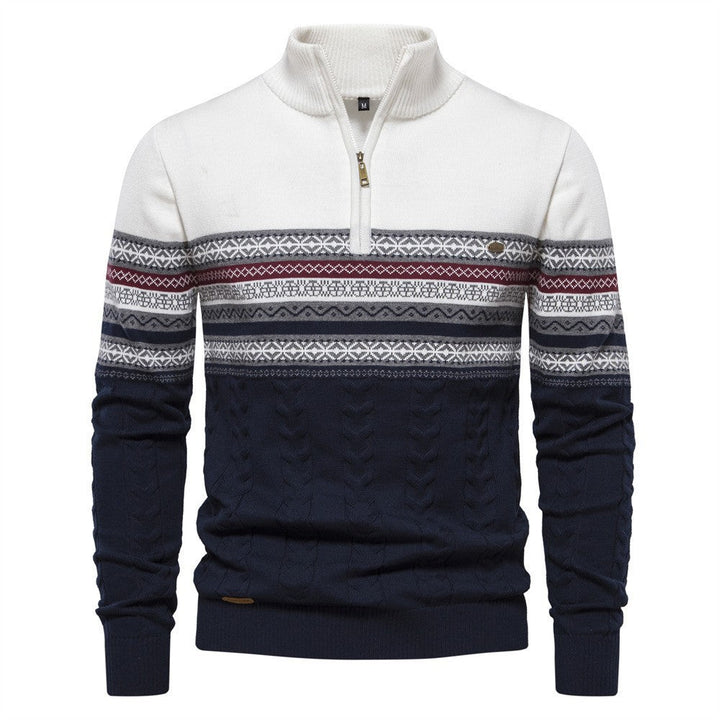Men's casual half-zip sweater, classic Nordic pattern, soft knit for winter comfort.