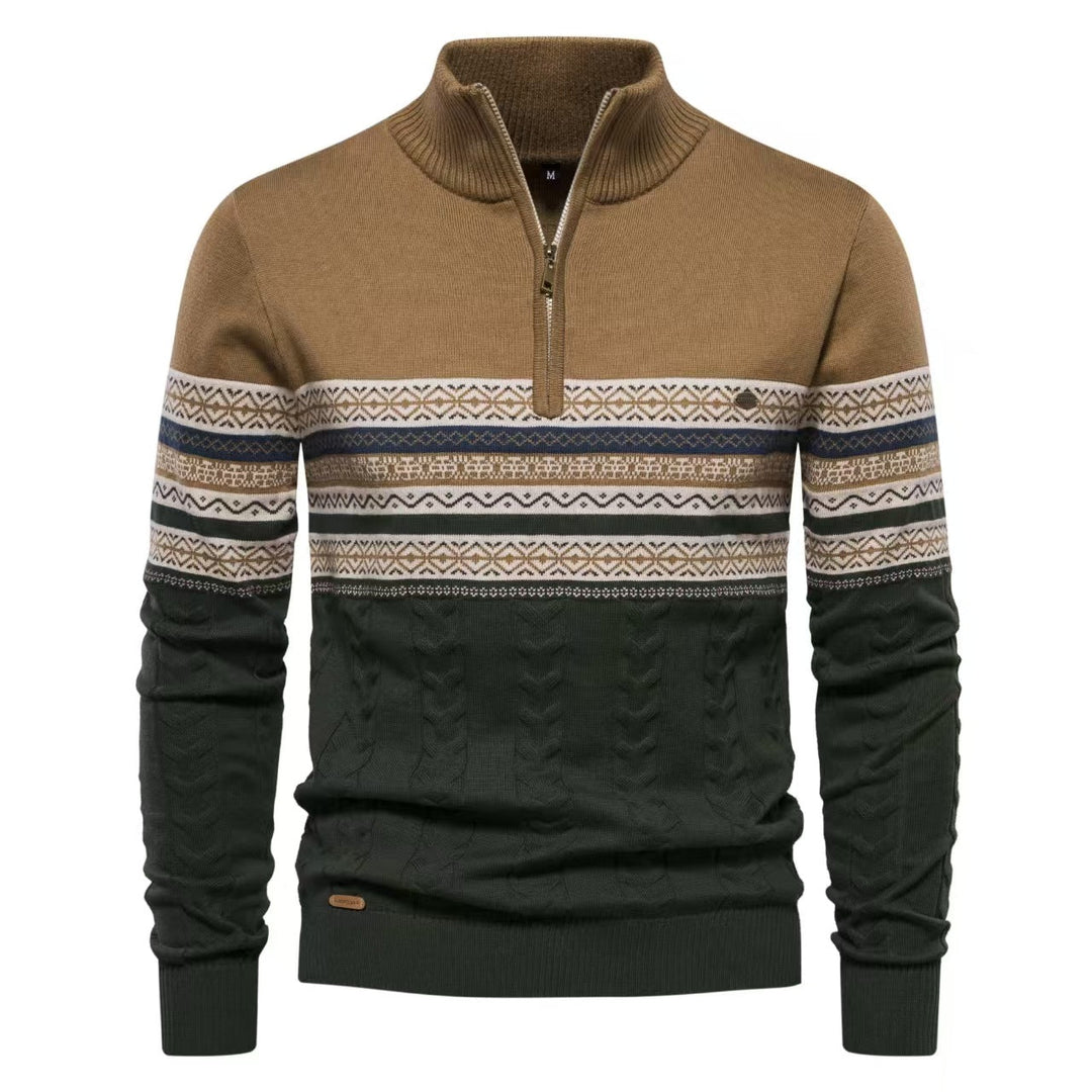 Men's Nordic Half-Zip Sweater showcasing intricate pattern, ideal for classic winter style.