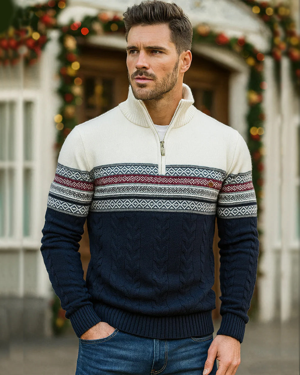 Textured knit of Men's Bergen Half-Zip Sweater, emphasizing warmth and classic comfort.