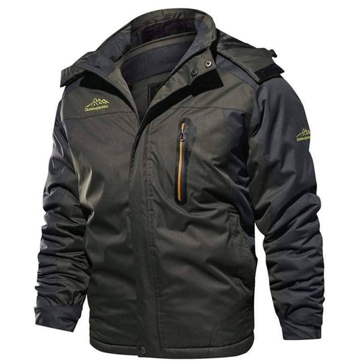 Front view of men's winter fleece lined waterproof parka jacket in black for cold weather