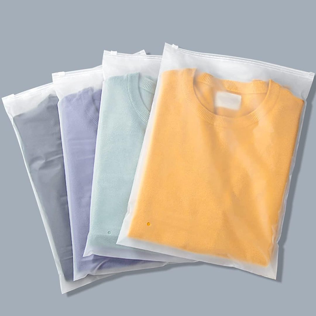 A stack of 20 frosted zipper storage bags, ideal for home storage & travel organization.